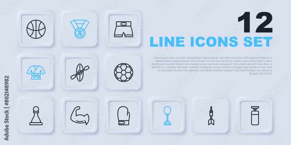 Set line Dart arrow, Punching bag, Kayak and paddle, Kimono, Bodybuilder showing his muscles, Medal and Boxing glove icon. Vector Set line Dart arrow, Punching bag, Kayak and paddle, Kimono, Bodybuilder showing his muscles, Medal and Boxing glove icon. Vector