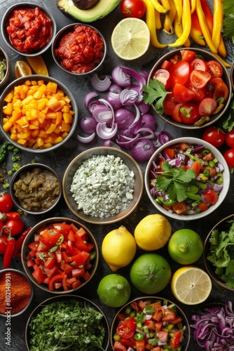 Table With Various Bowls of Mexican Food