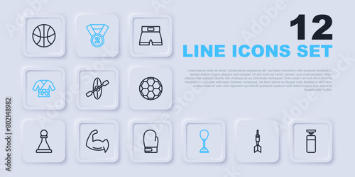 Set line Dart arrow, Punching bag, Kayak and paddle, Kimono, Bodybuilder showing his muscles, Medal and Boxing glove icon. Vector