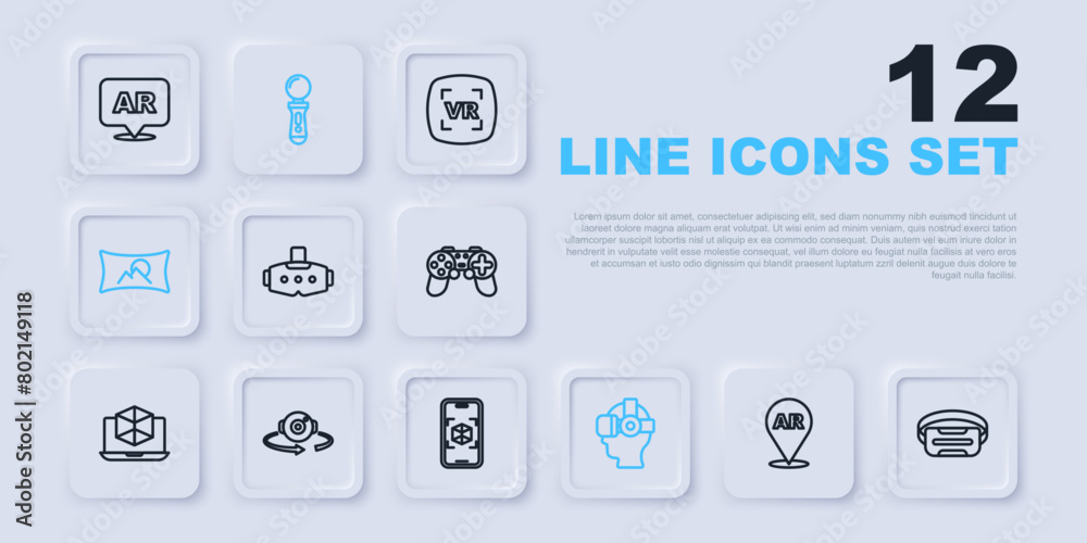 Set line Augmented reality AR, Virtual glasses, Wide angle picture, 360 degree view, VR controller game and 3d modeling icon. Vector Set line Augmented reality AR, Virtual glasses, Wide angle picture, 360 degree view, VR controller game and 3d modeling icon. Vector