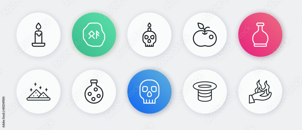 Set line Skull, Bottle with potion, Magic powder, hat, Poison apple, Burning candle skull, Hand holding fire and icon. Vector