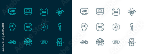 Set line 360 degree view, Wide angle picture, Virtual reality glasses, Augmented AR, and 3d modeling icon. Vector
