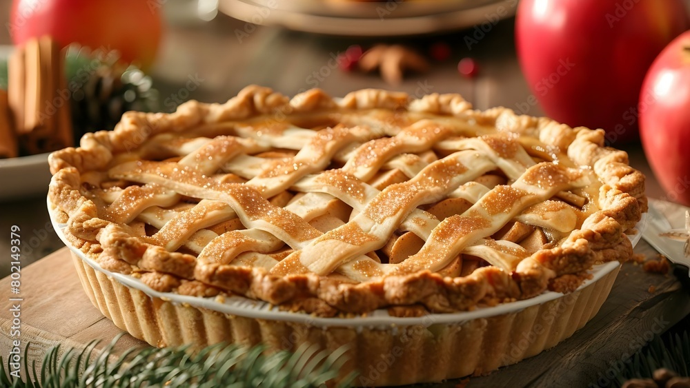 Closeup of vegan apple pie at Thanksgiving dinner with happy family. Concept Thanksgiving Dinner, Vegan Apple Pie, Close-Up Shots, Happy Family, Festive Atmosphere Closeup of vegan apple pie at Thanksgiving dinner with happy family. Concept Thanksgiving Dinner, Vegan Apple Pie, Close-Up Shots, Happy Family, Festive Atmosphere