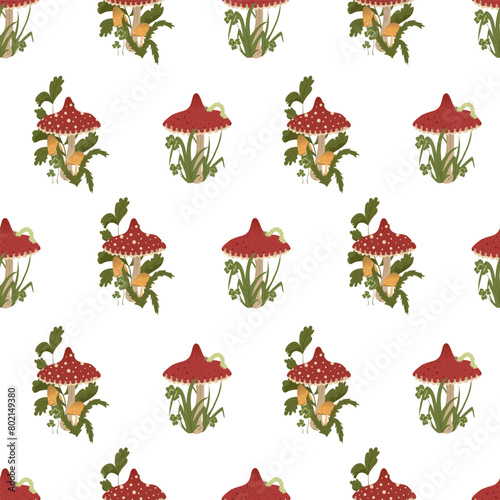 Fly agaric seamless pattern. Vector forest illustration with foliage and mushrooms. Goblincore style. Template for textile, wallpaper, paper, print. White background. 
