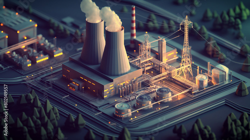 Low poly 3d render of a nuclear power plant. Clean energy concept photo