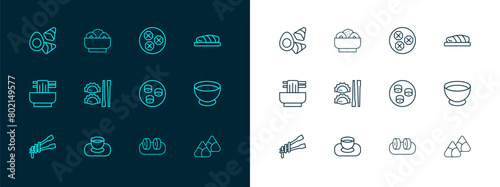 Set line Fish steak, Soy sauce in bowl, Sushi, Dumpling with chopsticks, Wonton, Chicken egg vegerables and Chow mein plate icon. Vector