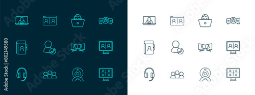 Set line Movie, film, media projector, Meeting, Video chat conference, Web camera, Freelancer, and icon. Vector