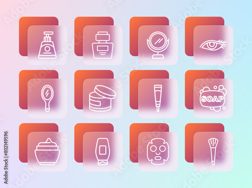 Set line Woman eye, Bottle of shampoo, Cream or lotion cosmetic tube, Facial mask, Round makeup mirror, and Perfume icon. Vector