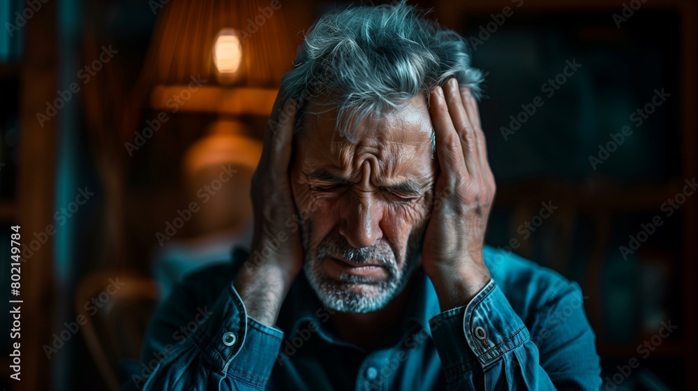 Tension headache pain, man with headache, sitting man gray hair head in hands hopelessness