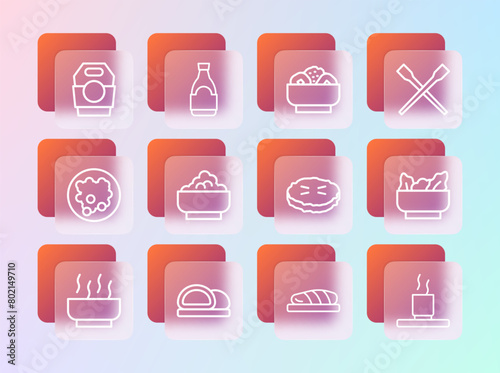 Set line Food chopsticks, Sushi, Homemade pie, Fish steak, Rice in bowl, Chow mein on plate, Asian noodles paper box and Soy sauce bottle icon. Vector