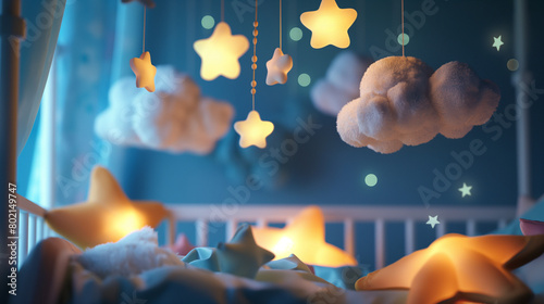 A gentle mobile above a crib, with soft clouds and stars floating, creating a dreamy atmosphere for a baby's naptime photo