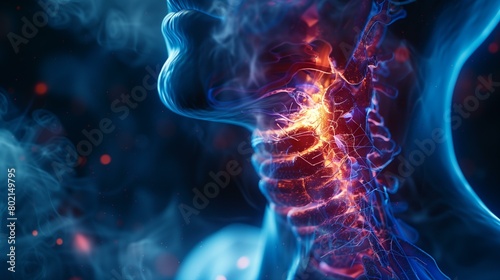 Sore throat pain, human neck with glowing red spot on it, biology backdrop dark medicine photo