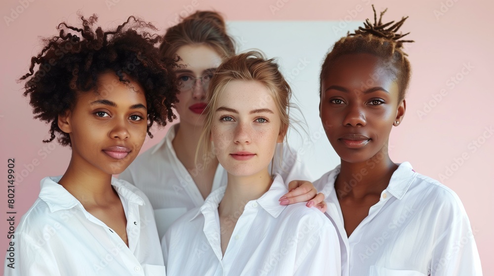 Obraz premium Multiracial women in shirts in studio, group of young women in white shirts, businesswoman lifestyle business person teamwork confidence