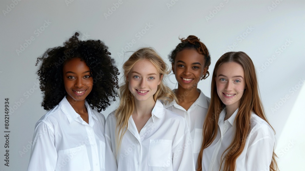 Multiracial women in shirts in studio, group of young women in white shirts, standing professional occupation doctor confidence success Multiracial women in shirts in studio, group of young women in white shirts, standing professional occupation doctor confidence success