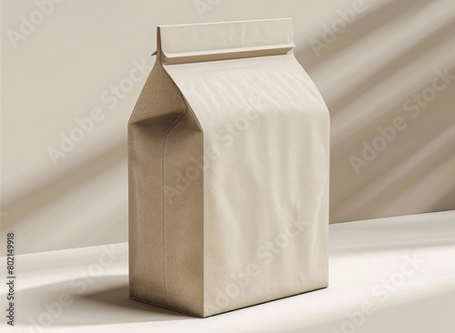 Paper bag package container box for raw fresh organic coffee beans isolated on gray background. Mock-up mockup empty blank bag as template for coffee brands. Copy space for text, advertising