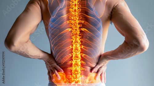 Lower back pain, man with back pain, muscular build illness biomedical illustration biology joint photo