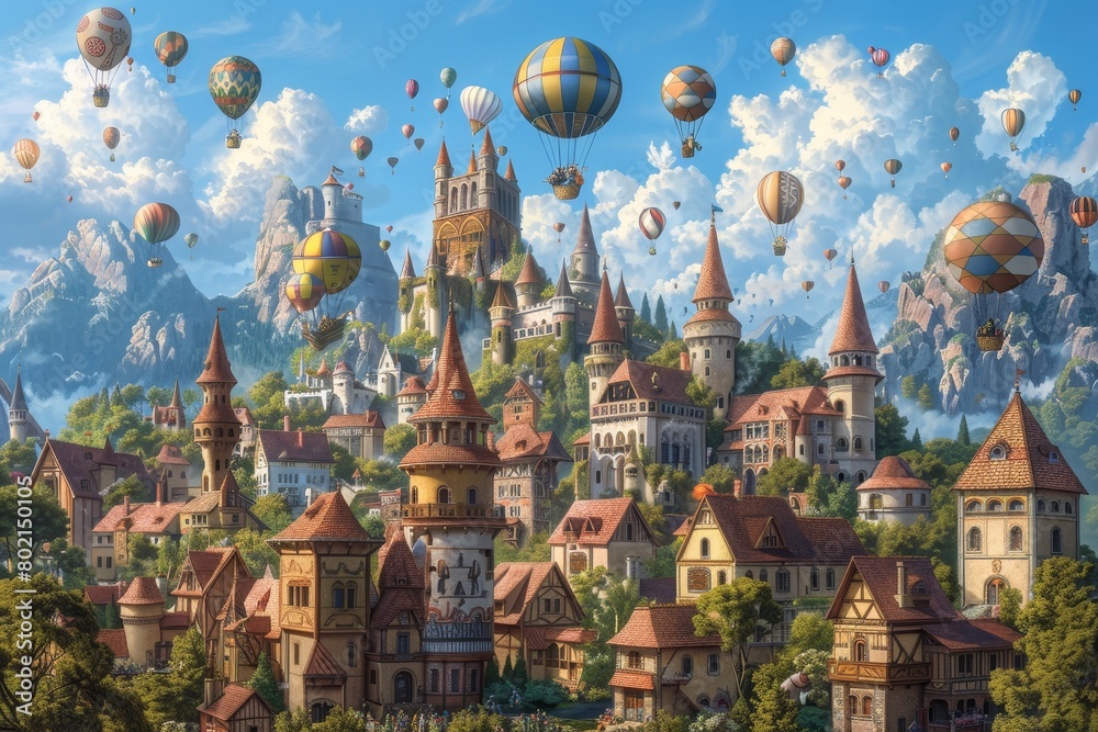 Fantasy Village with Hot Air Balloons and Castles