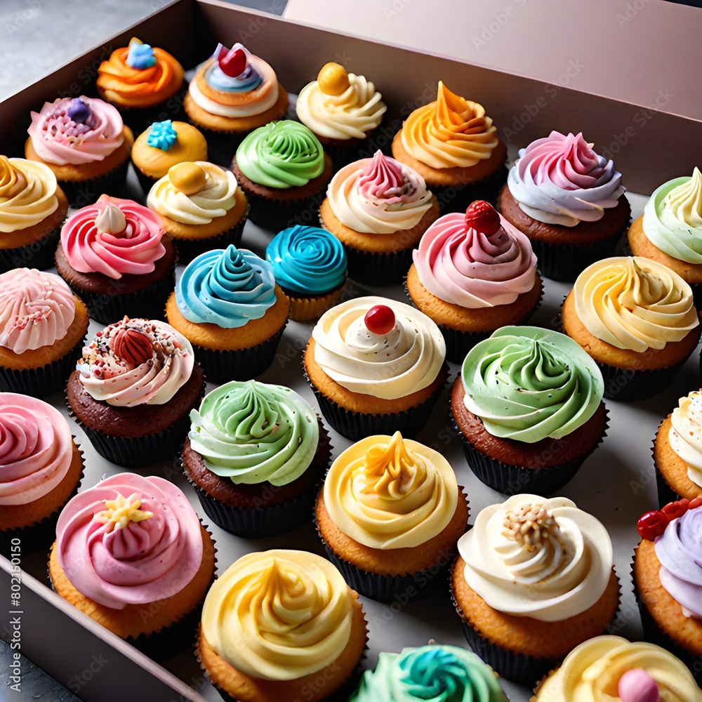 Colorful of homemade cupcake in wooden Tray on background.
Colorful of homemade cupcake in wooden Tray on background.