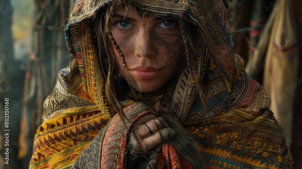 A character wrapped in a vibrant tapestry cloak, hinting at their adventurous past through the woven patterns.