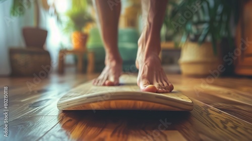 Balance board training session, feet in motion, close up, stability challenge, encouraging environment  photo