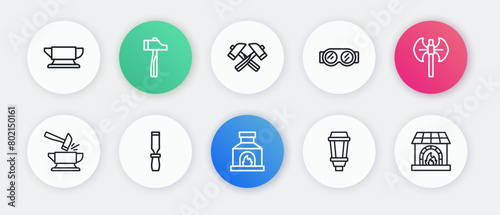 Set line Blacksmith oven, Medieval poleaxe, Anvil and hammer, Garden light lamp, Welding glasses, Crossed, and Rasp metal file icon. Vector photo