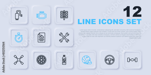 Set line Racing steering wheel, Chassis car, helmet, Stopwatch, Alloy for, Check engine and Nitrous oxide icon. Vector