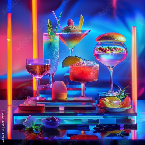 Vibrant Neon Cocktail Display with Fruits