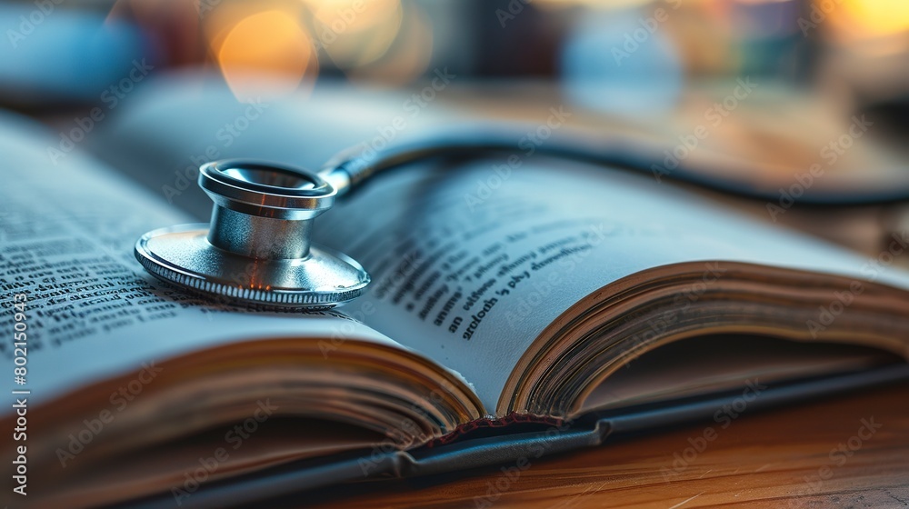 Stethoscope over medical textbook, learning tools, close up, journey to healing, morning glow 