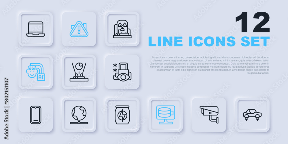 Set line Security camera, Fantastic flying car, Hologram, Cloud database, Humanoid robot, Global technology, Exclamation mark triangle and Energy drink icon. Vector Set line Security camera, Fantastic flying car, Hologram, Cloud database, Humanoid robot, Global technology, Exclamation mark triangle and Energy drink icon. Vector