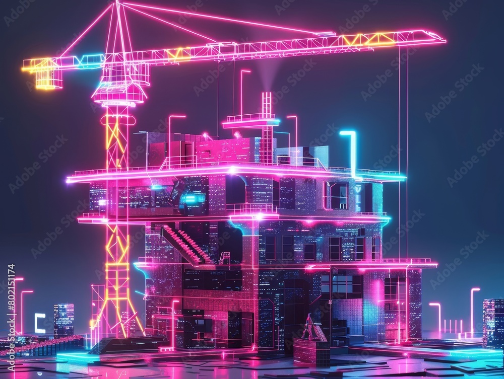 Neon-Lit Construction Site in Futuristic City