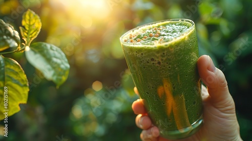 Hand holding a glass of green smoothie, wellness in a sip, close up, detox glow, morning light 