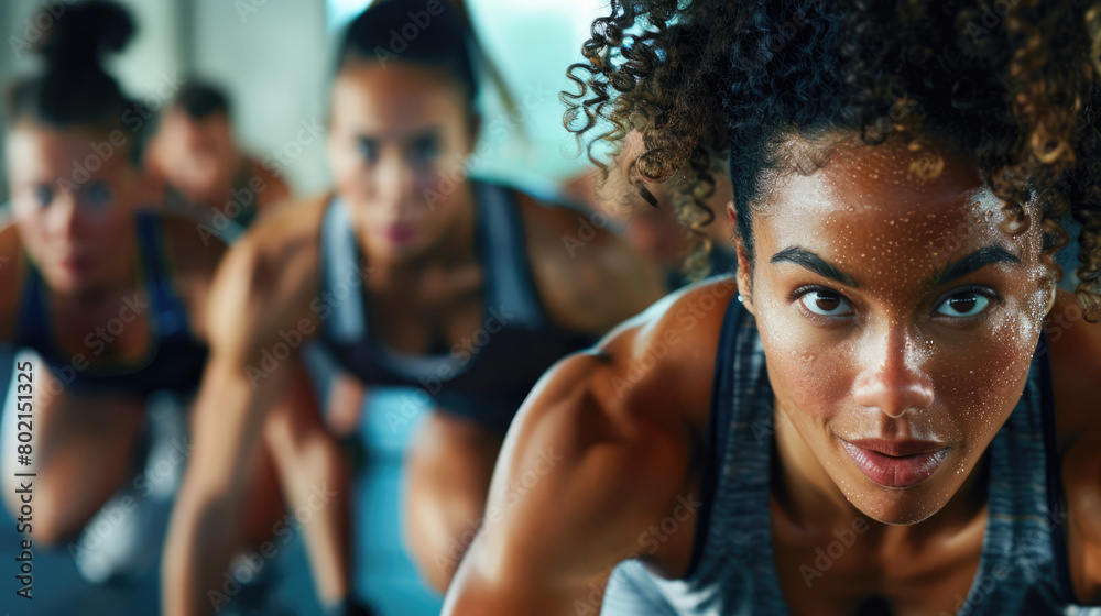 Motivational photo of person participating in a group fitness class, enthusiastic instructors leading the gym workout Motivational photo of person participating in a group fitness class, enthusiastic instructors leading the gym workout