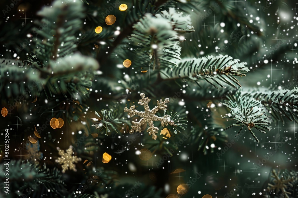 Snowflakes gently falling on branches of a Christmas tree creating a magical winter scene