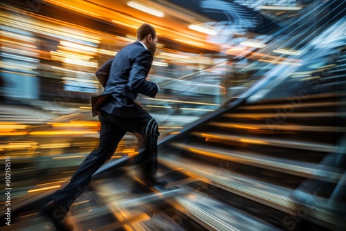 A businessman in a suit running down a flight of stairs with motion blur, showcasing his dynamic movement