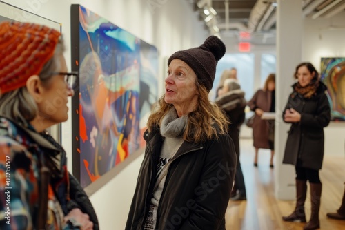 Two women are standing in an art gallery, looking closely at various paintings on the walls with a sense of appreciation and wonder