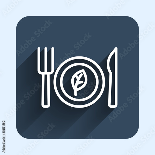 White line Vegan food diet icon isolated with long shadow background. Organic, bio, eco symbol. Vegan, no meat, lactose free, healthy, fresh and nonviolent food. Blue square button. Vector