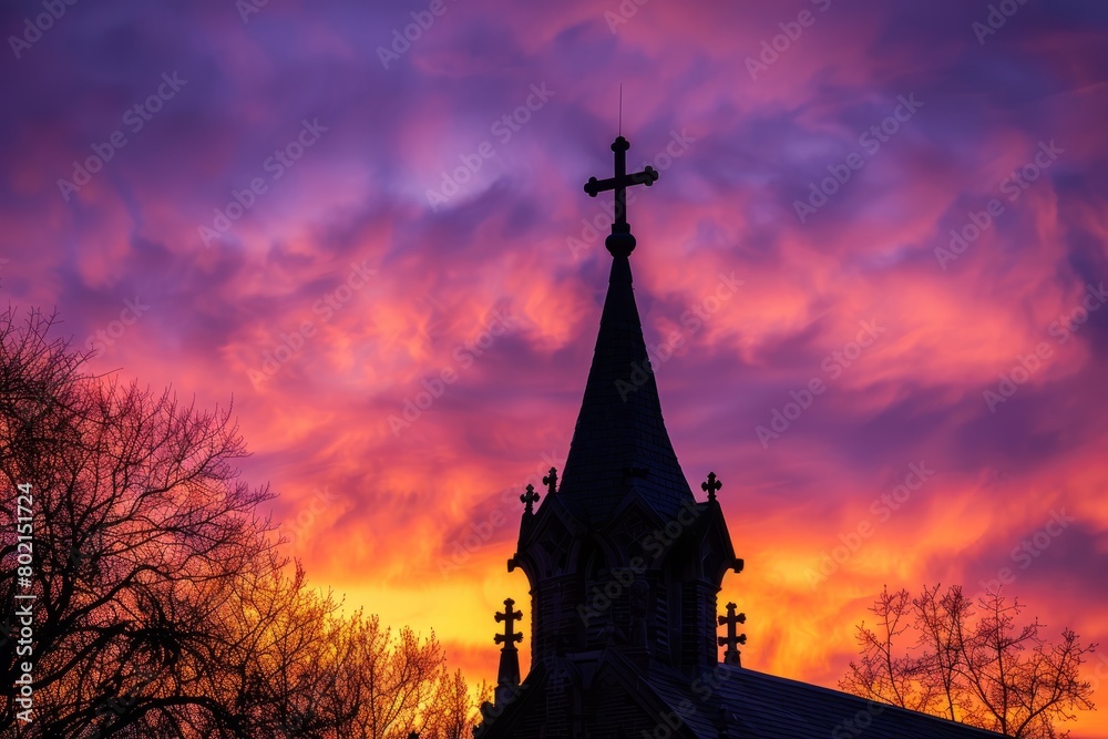 A church steeple with a cross on top silhouetted against a colorful sunrise sky, symbolizing hope, faith, and spiritual enlightenment