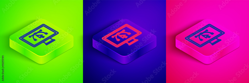 Isometric line Computer display with vector design program icon isolated on isolated on green, blue and pink background. Photo editor software with user interface. Square button. Vector Isometric line Computer display with vector design program icon isolated on isolated on green, blue and pink background. Photo editor software with user interface. Square button. Vector