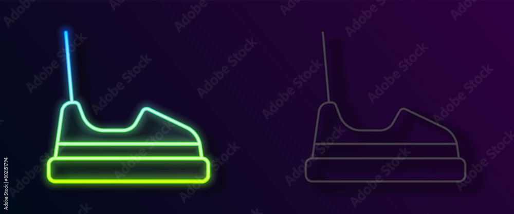 Glowing neon line Bumper car icon isolated on black background. Amusement park. Childrens entertainment playground, recreation park. Vector Glowing neon line Bumper car icon isolated on black background. Amusement park. Childrens entertainment playground, recreation park. Vector