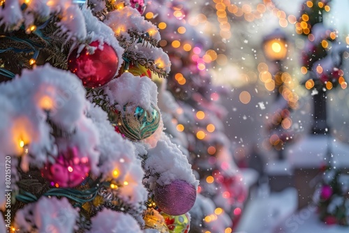 A snow-covered Christmas tree adorned with colorful ornaments and twinkling lights, capturing the festive spirit