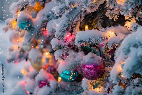 A closeup of a snow-covered Christmas tree adorned with colorful ornaments and twinkling lights  evoking a festive atmosphere