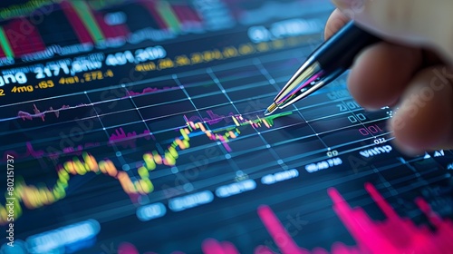 A hand holding a pen pointing to a specific point on a printed stock market graph, highlighting key insights for investors. photo