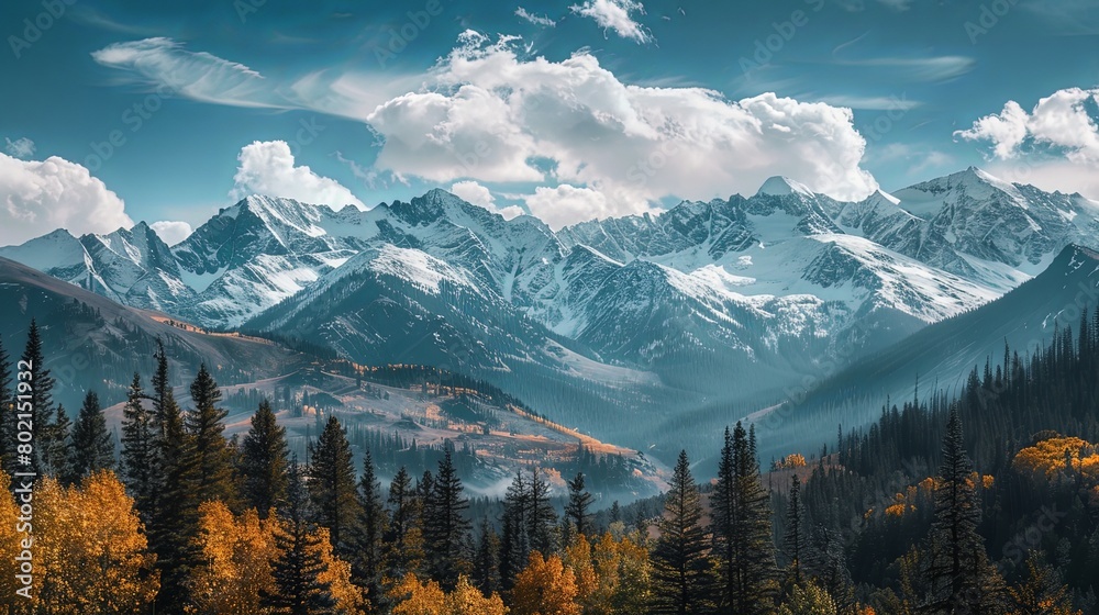 A panoramic view of snow-capped mountain peaks stretching into the distance, showcasing the beauty of untouched wilderness.