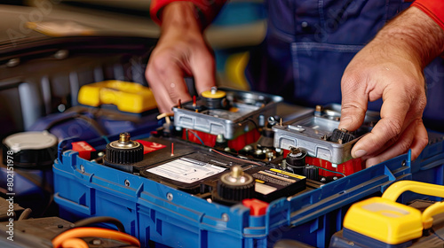 a car battery with hands working on it with no background