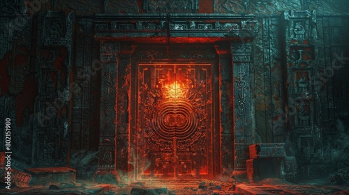 A mysterious illustration of a hidden door covered in cryptic symbols and patterns, hinting at a secret waiting to be discovered.