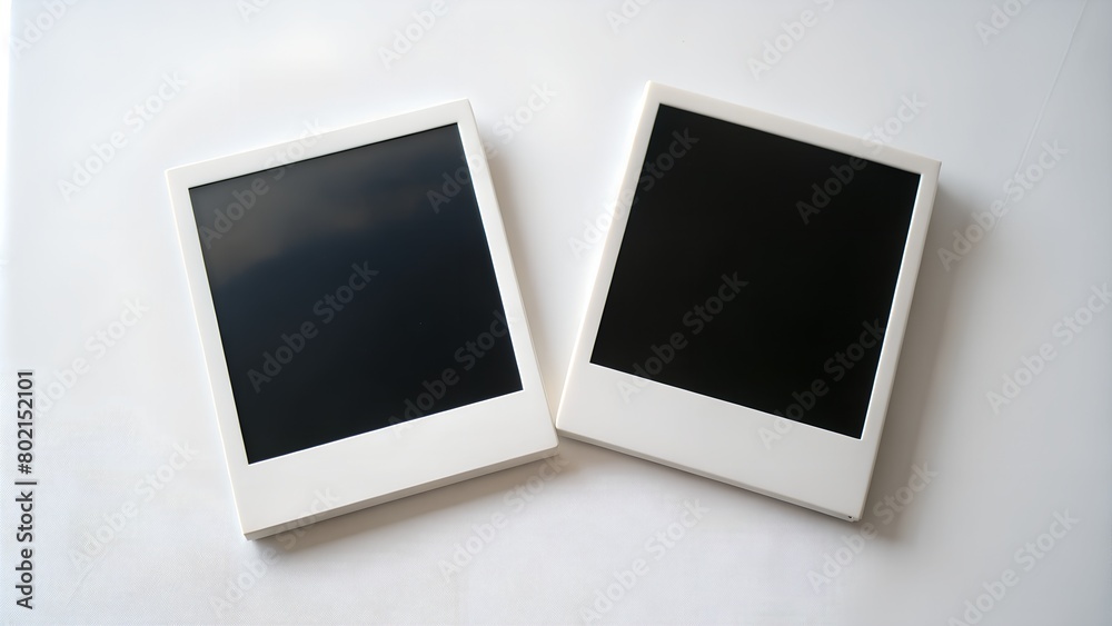2 polaroid rectangular with black picture on it isolated on white background, horizontal mock up photos 2 polaroid rectangular with black picture on it isolated on white background, horizontal mock up photos