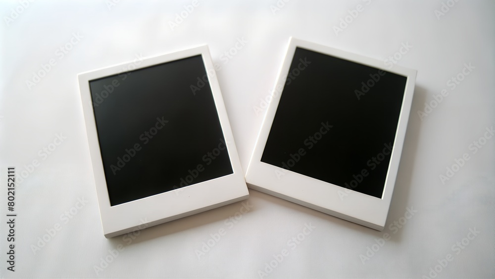 2 polaroid rectangular with black picture on it isolated on white background, horizontal mock up photos 2 polaroid rectangular with black picture on it isolated on white background, horizontal mock up photos