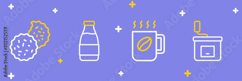 Set line Manual coffee grinder, Coffee cup, Milk bottle and Cookie or biscuit icon. Vector