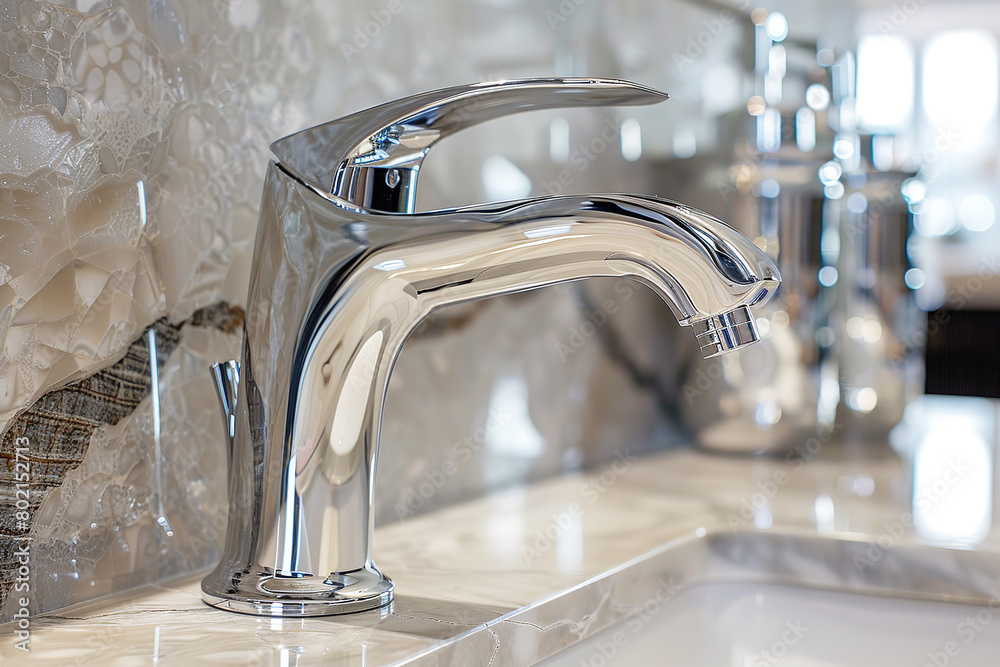 A luxury interior design features platinum fixtures in a modern bathroom - showcasing the metal's sleek and sophisticated aesthetic A luxury interior design features platinum fixtures in a modern bathroom - showcasing the metal's sleek and sophisticated aesthetic