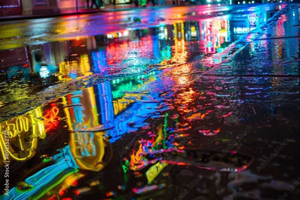 Colorful neon signs illuminate a city street teeming with energy, casting reflections on the rain-soaked pavement